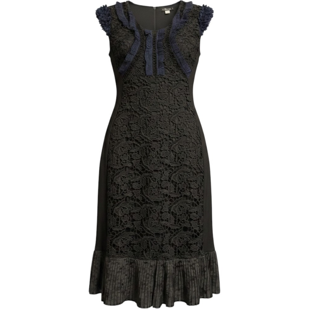 Venus Lace Sheath Dress Womens 8 Black Navy Ruffle Pleated Hem Sleeveless Gothic
